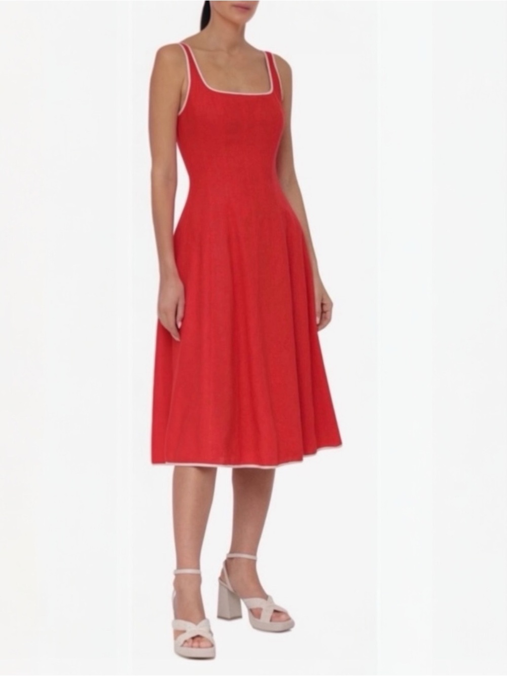 7 For All Mankind Red Linen Sleeveless Fit-n-Flare Summer Midi Dress Small NEW